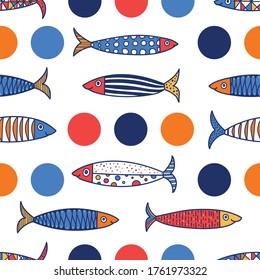 Cute fish. Sardines and polka dots. Kids background. Seamless pattern. Can be used in textile industry, paper, background, scrapbooking.