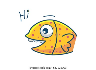Cute Fish saying Hi. Vector illustration. Isolated on white background.