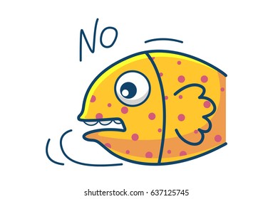 Cute Fish Saying No. Vector illustration. Isolated on white background.