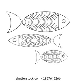 Cute fish with scales on a white background. Template for applications, printing on fabric, coloring pages, postcards. Coloring. Vector graphics.