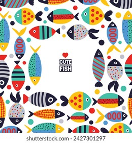 Cute fish. Sea background. Greeting card. Kid illustration.