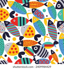 Cute fish. Sea background. Seamless pattern. Can be used in textile industry, paper, background, scrapbooking.