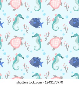 cute fish sea horse and turtle seamless pattern fabric textile wallpaper.