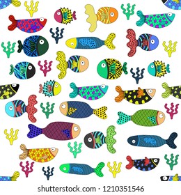 Cute fish. Sea seamless pattern.