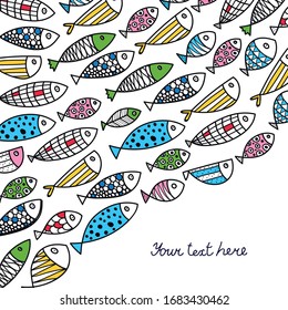 Pescado comido. Tarjeta vectorial marítima.