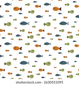 Cute fish seamless pattern. Adorable sea animal pattern for kids. Whimsical ocean hand drawn vector design in flat cartoon style