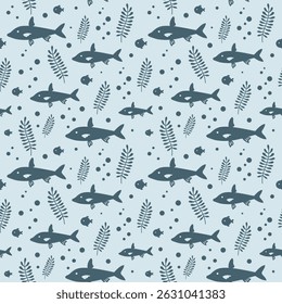 Cute fish seamless pattern. Adorable sea animal pattern for kids. Whimsical ocean hand drawn vector design in flat cartoon style