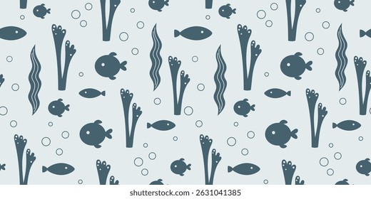 Cute fish seamless pattern. Adorable sea animal pattern for kids. Whimsical ocean hand drawn vector design in flat cartoon style