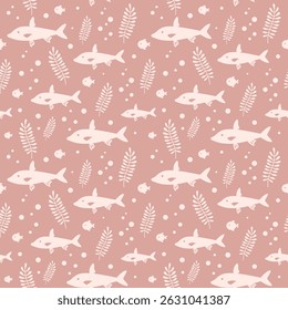 Cute fish seamless pattern. Adorable sea animal pattern for kids. Whimsical ocean hand drawn vector design in flat cartoon style