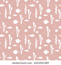 Cute fish seamless pattern. Adorable sea animal pattern for kids. Whimsical ocean hand drawn vector design in flat cartoon style