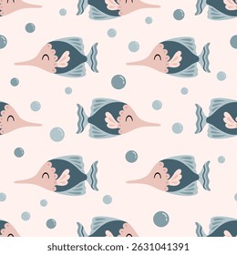 Cute fish seamless pattern. Adorable sea animal pattern for kids. Whimsical ocean hand drawn vector design in flat cartoon style