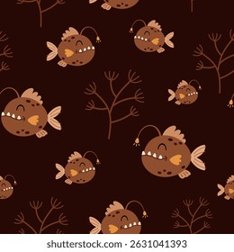 Cute fish seamless pattern. Adorable sea animal pattern for kids. Whimsical ocean hand drawn vector design in flat cartoon style