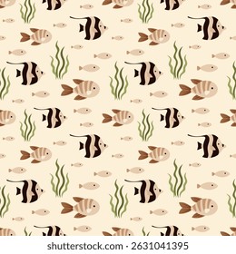Cute fish seamless pattern. Adorable sea animal pattern for kids. Whimsical ocean hand drawn vector design in flat cartoon style