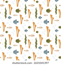 Cute fish seamless pattern. Adorable sea animal pattern for kids. Whimsical ocean hand drawn vector design in flat cartoon style