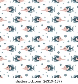 Cute fish seamless pattern. Adorable sea animal pattern for kids. Whimsical ocean hand drawn vector design in flat cartoon style