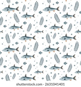Cute fish seamless pattern. Adorable sea animal pattern for kids. Whimsical ocean hand drawn vector design in flat cartoon style