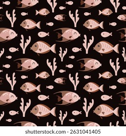 Cute fish seamless pattern. Adorable sea animal pattern for kids. Whimsical ocean hand drawn vector design in flat cartoon style