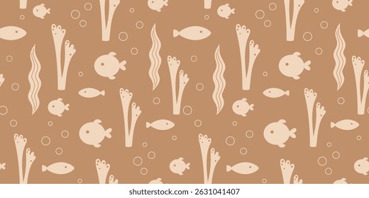 Cute fish seamless pattern. Adorable sea animal pattern for kids. Whimsical ocean hand drawn vector design in flat cartoon style