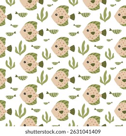 Cute fish seamless pattern. Adorable sea animal pattern for kids. Whimsical ocean hand drawn vector design in flat cartoon style