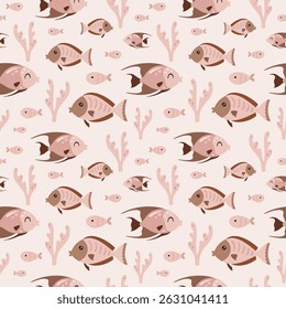 Cute fish seamless pattern. Adorable sea animal pattern for kids. Whimsical ocean hand drawn vector design in flat cartoon style
