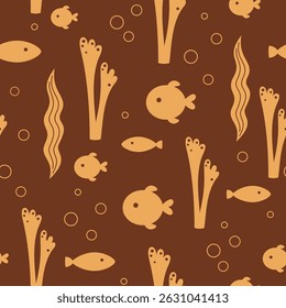 Cute fish seamless pattern. Adorable sea animal pattern for kids. Whimsical ocean hand drawn vector design in flat cartoon style