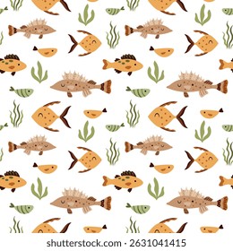 Cute fish seamless pattern. Adorable sea animal pattern for kids. Whimsical ocean hand drawn vector design in flat cartoon style
