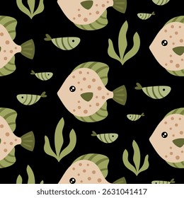 Cute fish seamless pattern. Adorable sea animal pattern for kids. Whimsical ocean hand drawn vector design in flat cartoon style