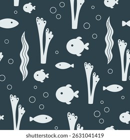 Cute fish seamless pattern. Adorable sea animal pattern for kids. Whimsical ocean hand drawn vector design in flat cartoon style