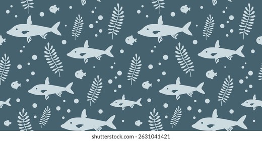 Cute fish seamless pattern. Adorable sea animal pattern for kids. Whimsical ocean hand drawn vector design in flat cartoon style