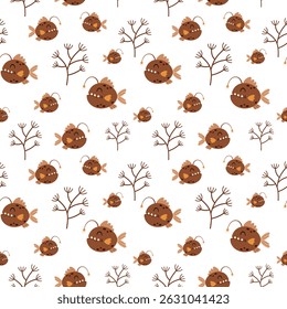 Cute fish seamless pattern. Adorable sea animal pattern for kids. Whimsical ocean hand drawn vector design in flat cartoon style