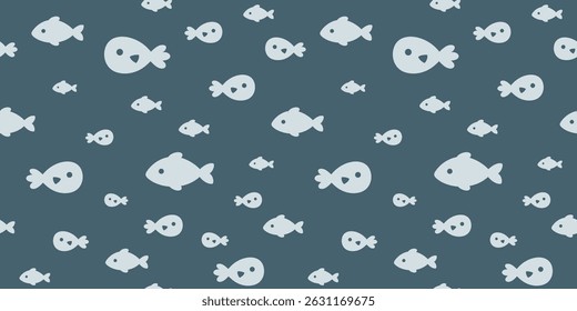 Cute fish seamless pattern. Adorable sea animal pattern for kids. Whimsical ocean hand drawn vector design in flat cartoon style