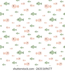 Cute fish seamless pattern. Adorable sea animal pattern for kids. Whimsical ocean hand drawn vector design in flat cartoon style