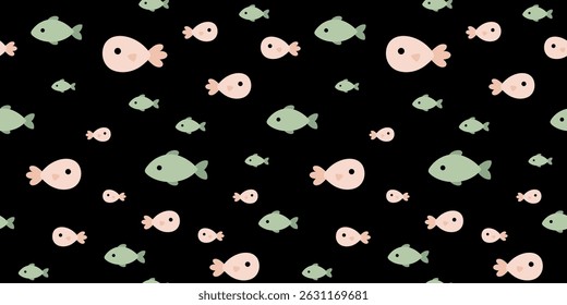 Cute fish seamless pattern. Adorable sea animal pattern for kids. Whimsical ocean hand drawn vector design in flat cartoon style