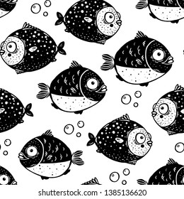 Cute fish seamless pattern. Black and white pattern. Design template. Cute background. Hand drawn vector illustration. 