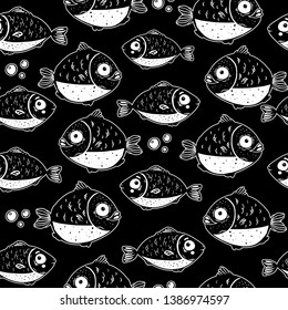 Cute fish seamless pattern. Black and white pattern. Design template. Cute background. Hand drawn vector illustration.