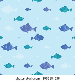 Cute Fish seamless pattern. Blue colors. Wallpapers for children. Marine pattern. Vector illustration