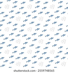 Cute fish seamless pattern. Cartoon salmon and sardines, background. Vector Illustration.