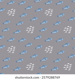 Cute fish seamless pattern. Cartoon salmon and sardines, background. Vector Illustration.