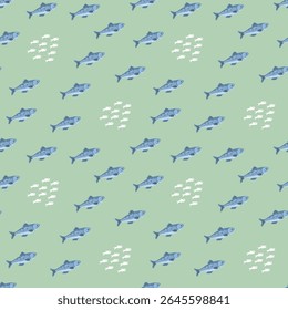 Cute fish seamless pattern. Cartoon salmon and sardines, background. Vector Illustration.