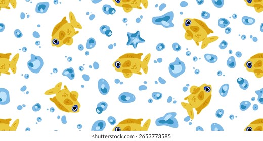 Cute Fish Seamless Pattern Design. Yellow fish and blue bubbles in playful underwater layout, flat cartoon style on bright background.