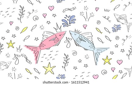 Cute fish seamless pattern. Hand drawn sea pattern. Greeting card Happy Valentine's Day. Doodle, sketch modern design. Pisces zodiac signs. Print for children prince and princess.