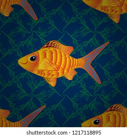 Cute fish seamless pattern. Kids background. Fishes in blue, yellow and green colors. Handdrawn Vector illustration.