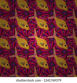 Cute fish seamless pattern. Kids background. Fishes in yellow, red and purple colors. Handdrawn Vector illustration.