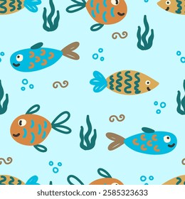 Cute fish seamless pattern, kids underwater design, child background vector illustration