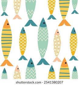 Cute fish seamless pattern on white background. Perfect for summer greetings, wallpaper, wrapping paper, fabric. Vector illustration