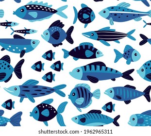 Cute fish seamless pattern. Organic flat style. Black and blue color palette.