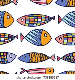 Cute fish. Seamless pattern with cute ornamental fish. Sea background.