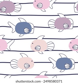 Cute fish seamless pattern. Underwater with simple line wave. Used for fabric, textile, wallpaper, wrapping, kids apparel design. Vector illustration