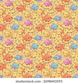 Cute Fish Seamless Pattern Vector with Party Flags and Stars for Birthday and Celebration