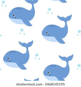 Cute fish, seamless pattern. Whale, Exotic tropical marine animal, endless background. Aquarium fish, textured design, repetitive print. Flat vector illustration for textiles, fabrics, wallpapers